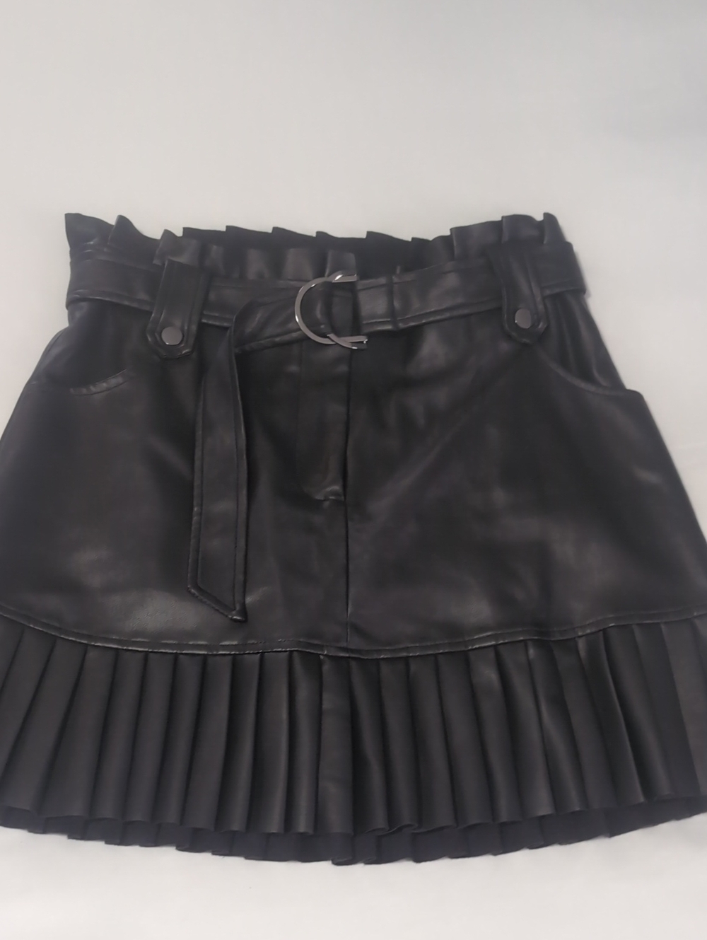 Zara Black Faux Leather Pleated Mini Skirt-Lg